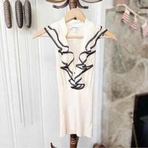 bebe Silk Cream Ruffle Neckline Fitted Sleeveless Babydoll Top